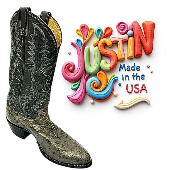 Justin Boots #8936 Men’s Cowboy Boots Antique Grey Ostrich Leather Size 8D - Picture 1 of 12